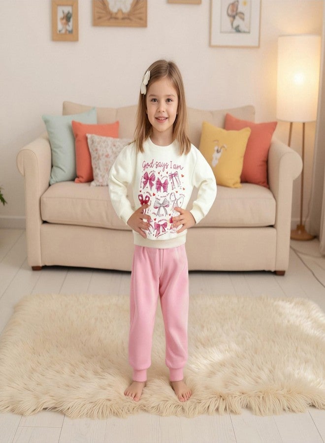 Xnqiwq Christian Baby Girl Clothes God Says I Am Bow Sweatshirt and Pants Set 2Pcs Toddler Girl Fall Winter Outfits (Pink, 18-24 Months) - Image 2