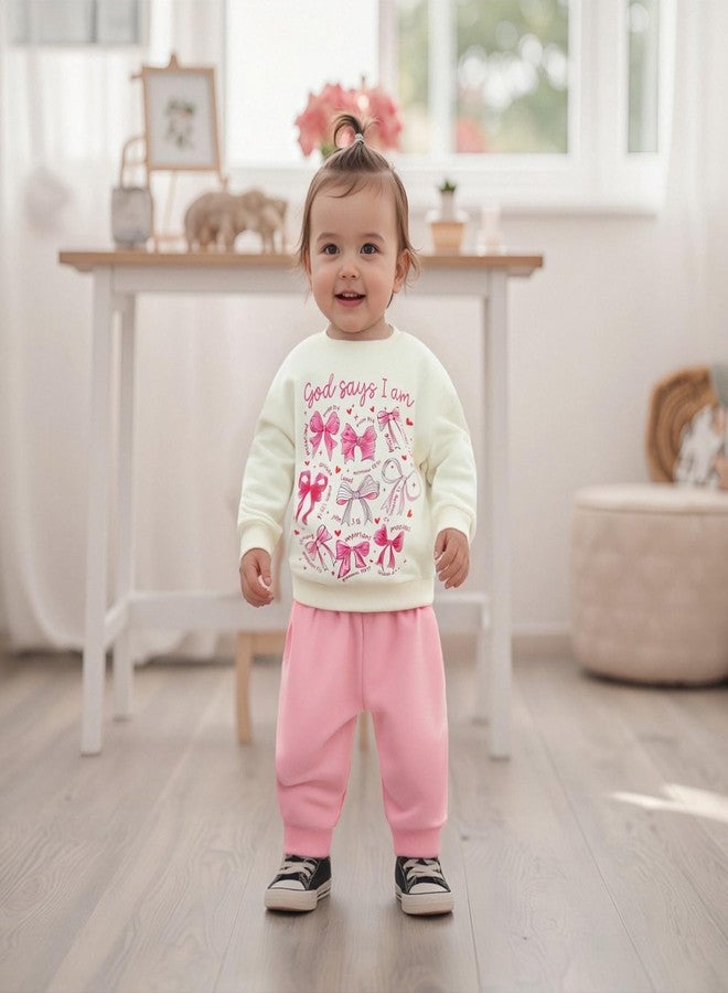 Xnqiwq Christian Baby Girl Clothes God Says I Am Bow Sweatshirt and Pants Set 2Pcs Toddler Girl Fall Winter Outfits (Pink, 18-24 Months) - Image 3