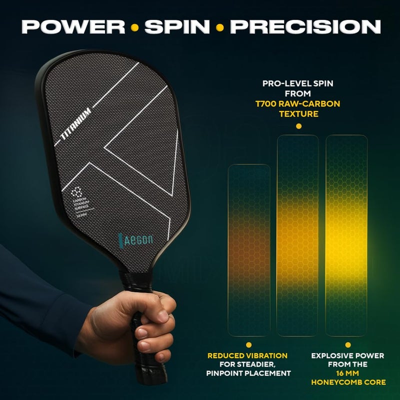 AEGON مضرب بيكلبول للمستوى الاحترافي | سطح من التيتانيوم المنسوج بتقنية التشكيل الحراري للدوران | نواة من خلية النحل بسمك 16 مم | خفيف الوزن | قوة، تحكم ودوران فائقة (حقيبة حمل متضمنة) - Image 3