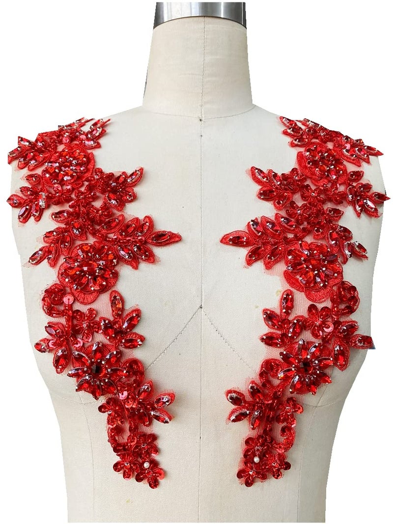 Zbroh Handmade redWhiteGreenBlue Rhinestones Applique Sewing Beads Stones Trim lace Patches Accessory for Dress Clothes one Pair Red