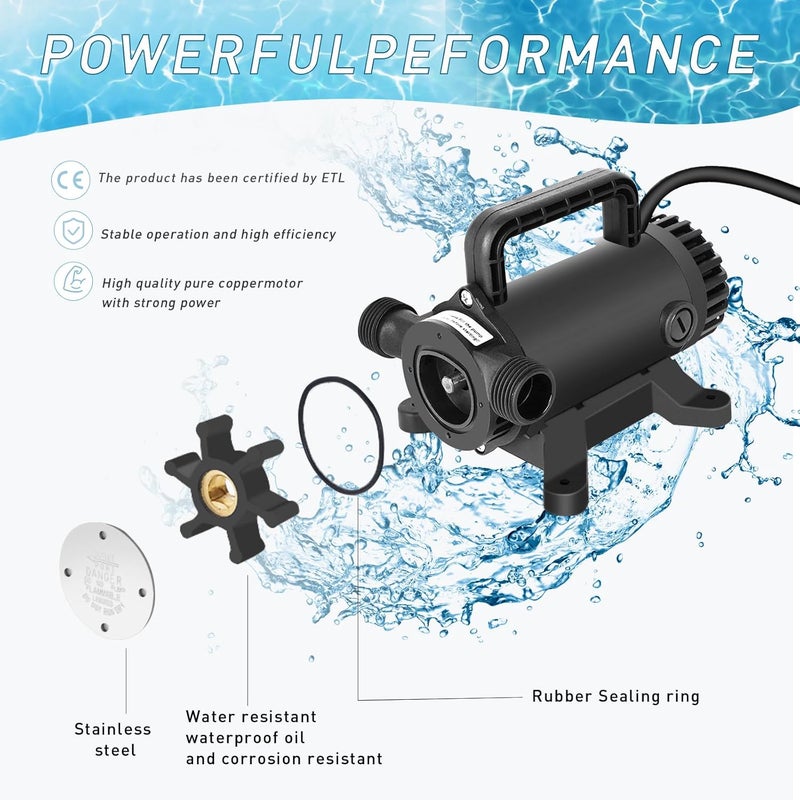 FLOWPAC 115V 1/10 HP 260 GPH Water Transfer Pump - 3/4 inch Ports, Suction Hose, Spare Impeller - NEW Model-Black - Image 5