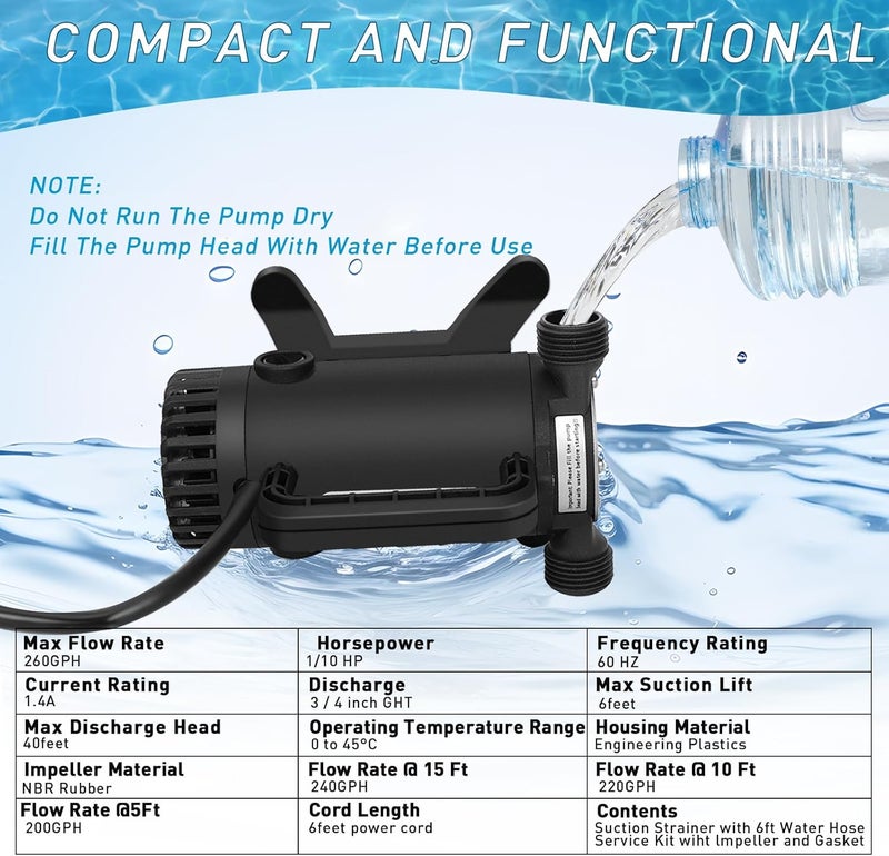 FLOWPAC 115V 1/10 HP 260 GPH Water Transfer Pump - 3/4 inch Ports, Suction Hose, Spare Impeller - NEW Model-Black - Image 3