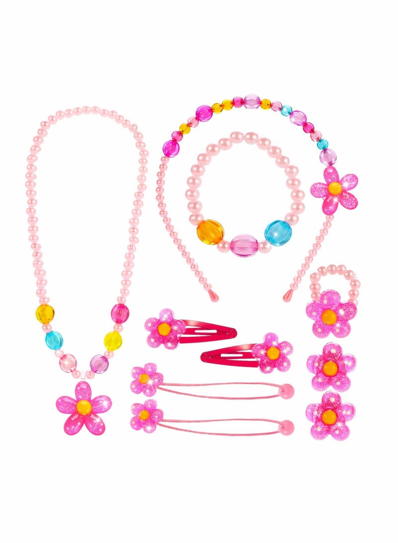 Excefore Kids Jewelry Little Girls Necklace Bracelet Ring Clip-on Earrings Hair Clips Set, Costume Jewelry Party Favors Gift for Dress up Pretend Play - Flower - Image 1
