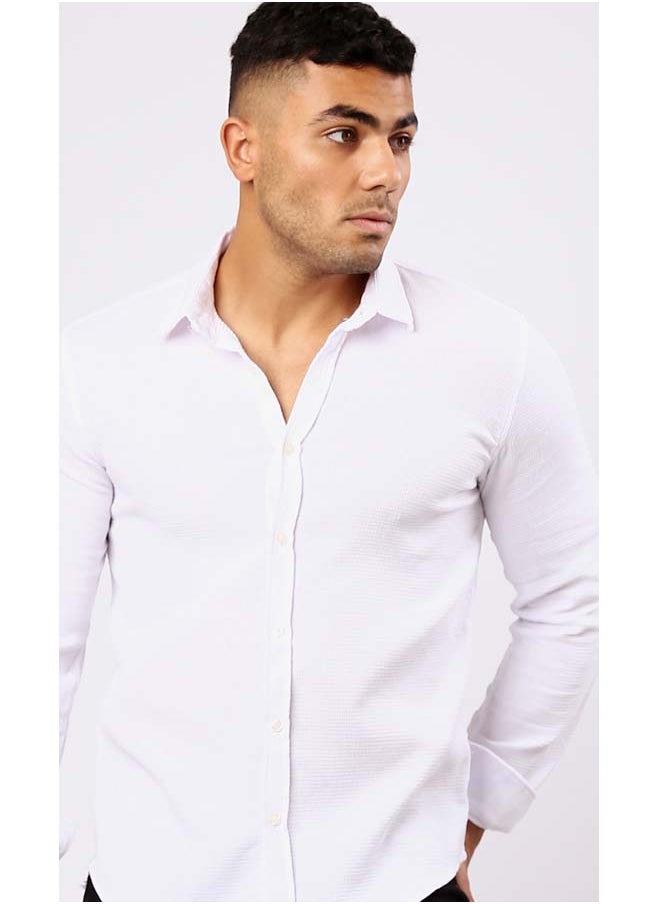 RAVIN Self Pattern White Shirt with Turn Down Collar  - Image 4