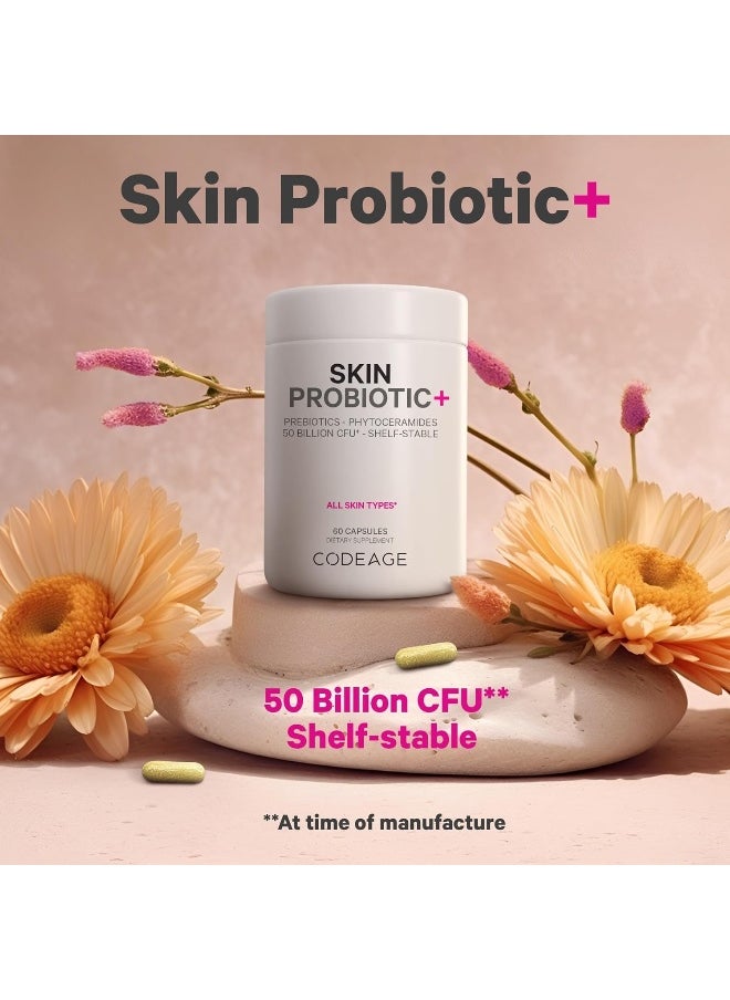 Codeage - Skin Probiotics + Prebiotics - Skin Care Routine Supplement - 50 Billion Cfu - Ayurvedic Botanical Herbs - Face Probiotics - Shelf Stable Cleanser, Non-Gmo, Vegan - 60 Capsules - Image 1