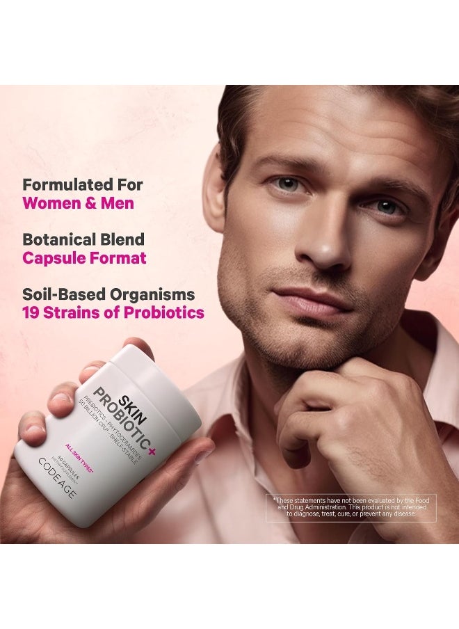 Codeage - Skin Probiotics + Prebiotics - Skin Care Routine Supplement - 50 Billion Cfu - Ayurvedic Botanical Herbs - Face Probiotics - Shelf Stable Cleanser, Non-Gmo, Vegan - 60 Capsules - Image 1