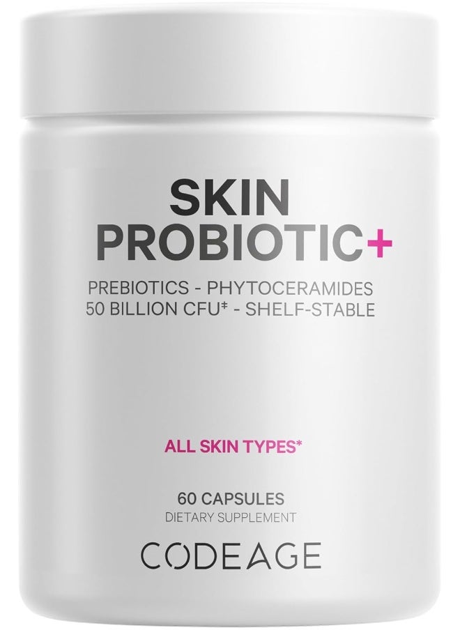 Codeage - Skin Probiotics + Prebiotics - Skin Care Routine Supplement - 50 Billion Cfu - Ayurvedic Botanical Herbs - Face Probiotics - Shelf Stable Cleanser, Non-Gmo, Vegan - 60 Capsules - Image 1