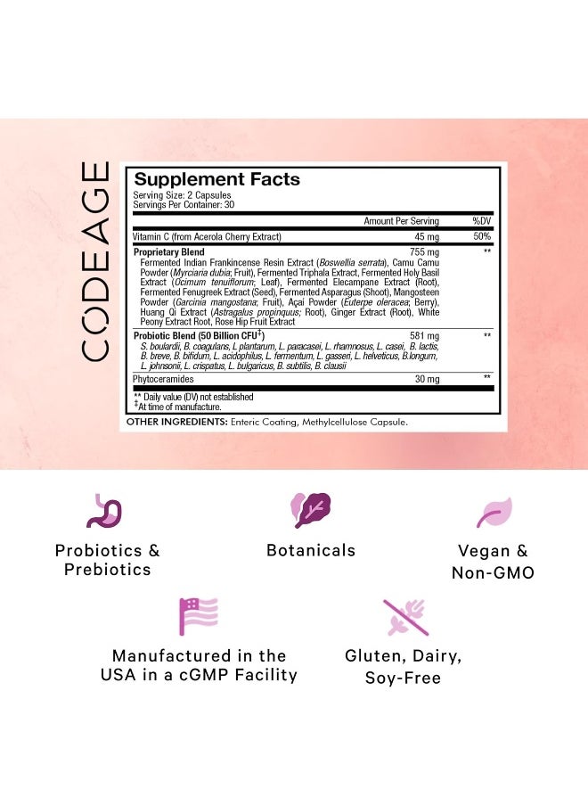Codeage - Skin Probiotics + Prebiotics - Skin Care Routine Supplement - 50 Billion Cfu - Ayurvedic Botanical Herbs - Face Probiotics - Shelf Stable Cleanser, Non-Gmo, Vegan - 60 Capsules - Image 1