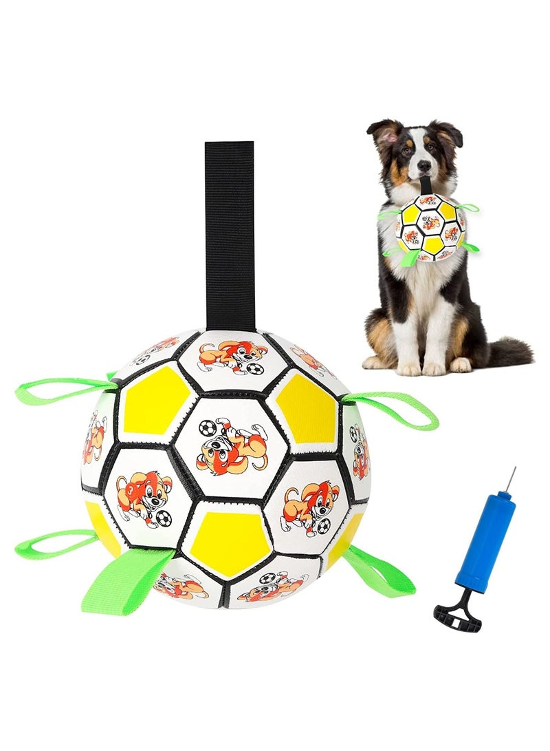 KASTWAVE Dog Toys Soccer Ball with Straps, World Cup Interactive Dog Toys for Tug of War, Puppy Birthday Gifts, Dog Tug Toy, Dog Water Toy, Durable Dog Balls for Small and Medium Dogs Yellow - Image 1