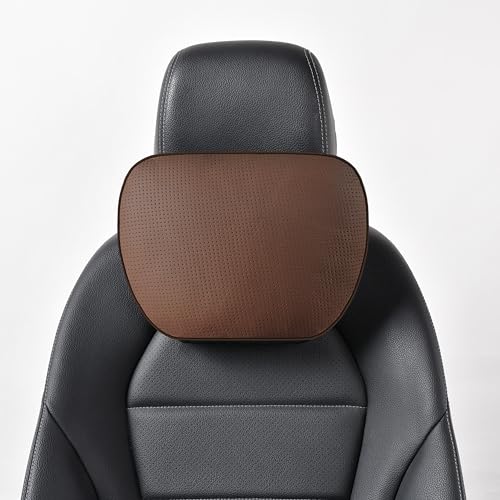 POKSRI Genuine Leather Car Neck Pillow for headrest,Support Drive Seats Head Cushion,Real Cow Leather,11.8x7.5”,Plant-Based Polyester,Thickness & Height Adjustable,Inner Liner fillable(Coffee,1p) - Image 1