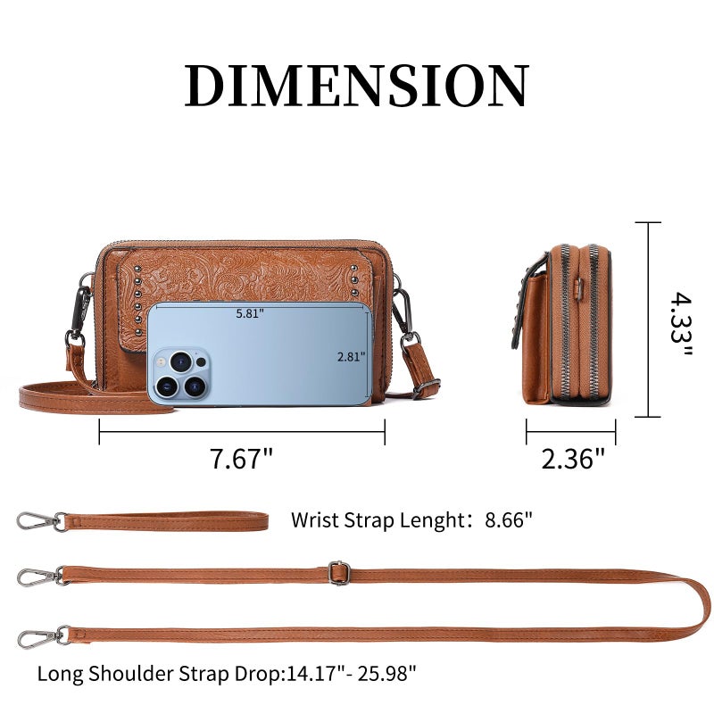 FALAN MULE Crossbody Bags for Women Small Leather Cell Phone Wallet Wristlet Purse with Zip Around 2 Strap - Image 3