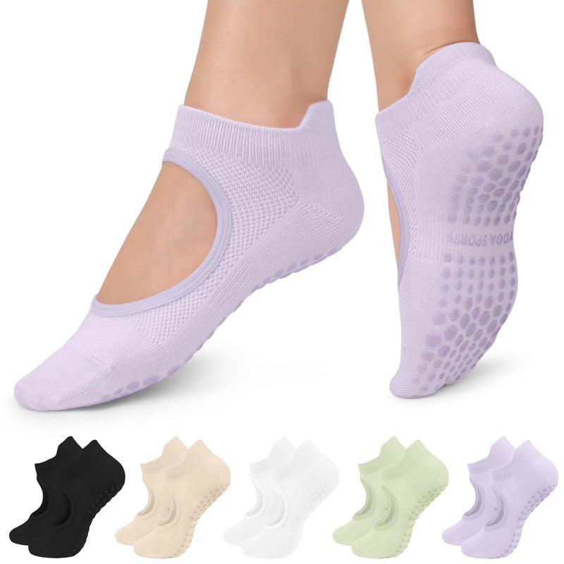 BLONGW 5 Pairs Non Slip Pilates Socks with Grips for Women, Grip Socks for Yoga Ballet Barefoot Workout Anti Skid Athletic Socks - Image 1