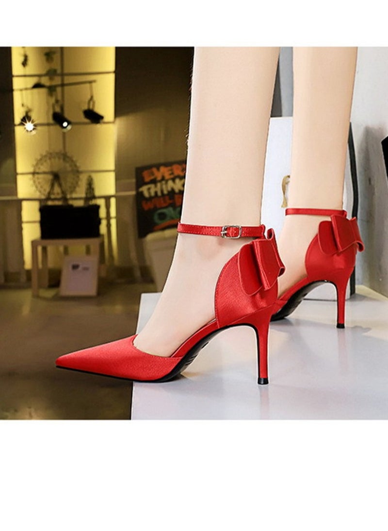 BIGTREE 7.5CM Elegant High Heels Satin Hollow Shallow Mouth Pointed Line With Hollow Bow Bow Women's Shoes Red  - Image 2