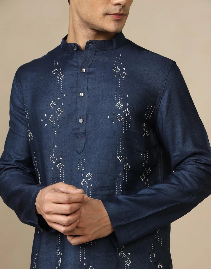 Fabindia  Blue Desert Embroidery Slim Fit Short Kurta for Men | Best Price UAE