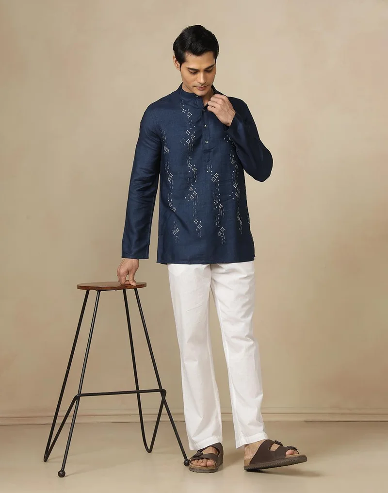 Fabindia  Blue Desert Embroidery Slim Fit Short Kurta for Men | Best Price UAE