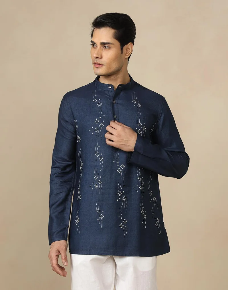 Fabindia  Blue Desert Embroidery Slim Fit Short Kurta for Men | Best Price UAE