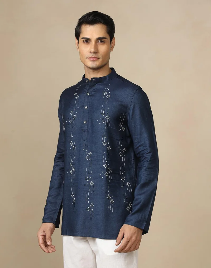 Fabindia  Blue Desert Embroidery Slim Fit Short Kurta for Men | Best Price UAE