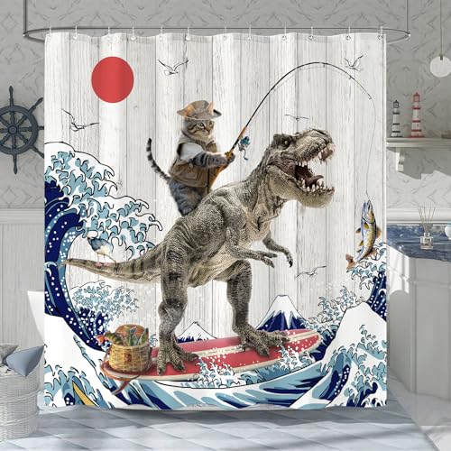 Fowocu Funny Cat Dinosaur Shower Curtain Fun Kitten Fishing Japanese Ocean Wave Waterproof Fabric Shower Curtains for Bathroom Kids Rustic Wood Farmhouse Bath Curtain Decor 7272 Gray - Image 1