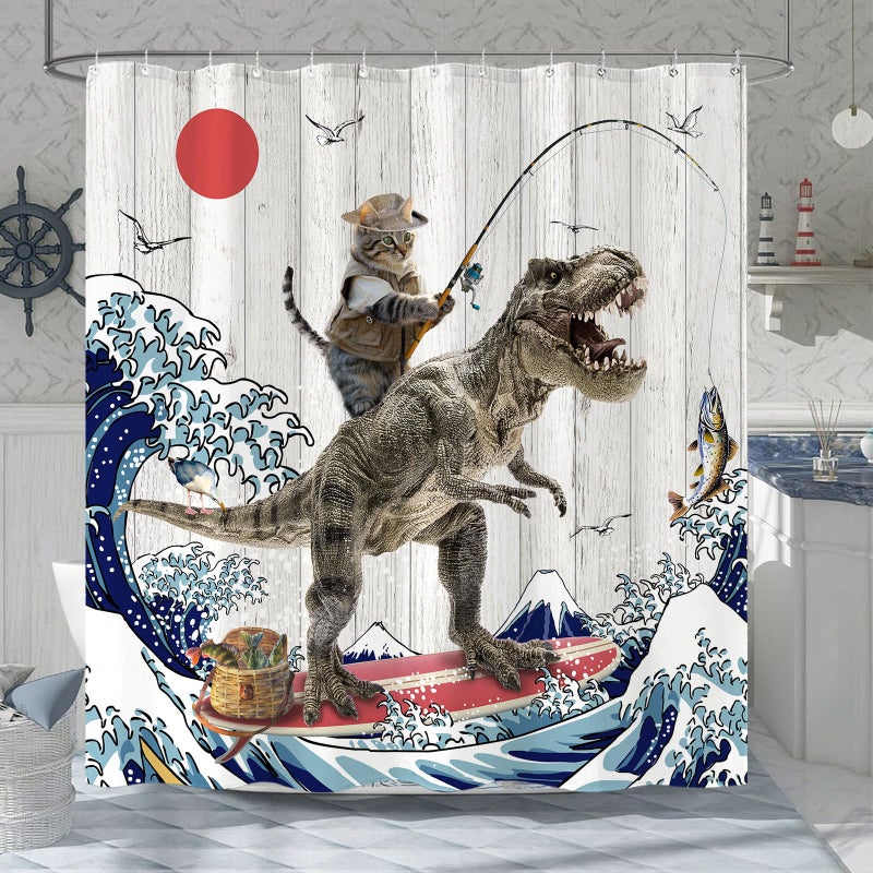 Fowocu Funny Cat Dinosaur Shower Curtain Fun Kitten Fishing Japanese Ocean Wave Waterproof Fabric Shower Curtains for Bathroom Kids Rustic Wood Farmhouse Bath Curtain Decor 7272 Gray - Image 2