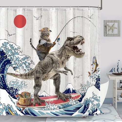 Fowocu Funny Cat Dinosaur Shower Curtain Fun Kitten Fishing Japanese Ocean Wave Waterproof Fabric Shower Curtains for Bathroom Kids Rustic Wood Farmhouse Bath Curtain Decor 7272 Gray - Image 3