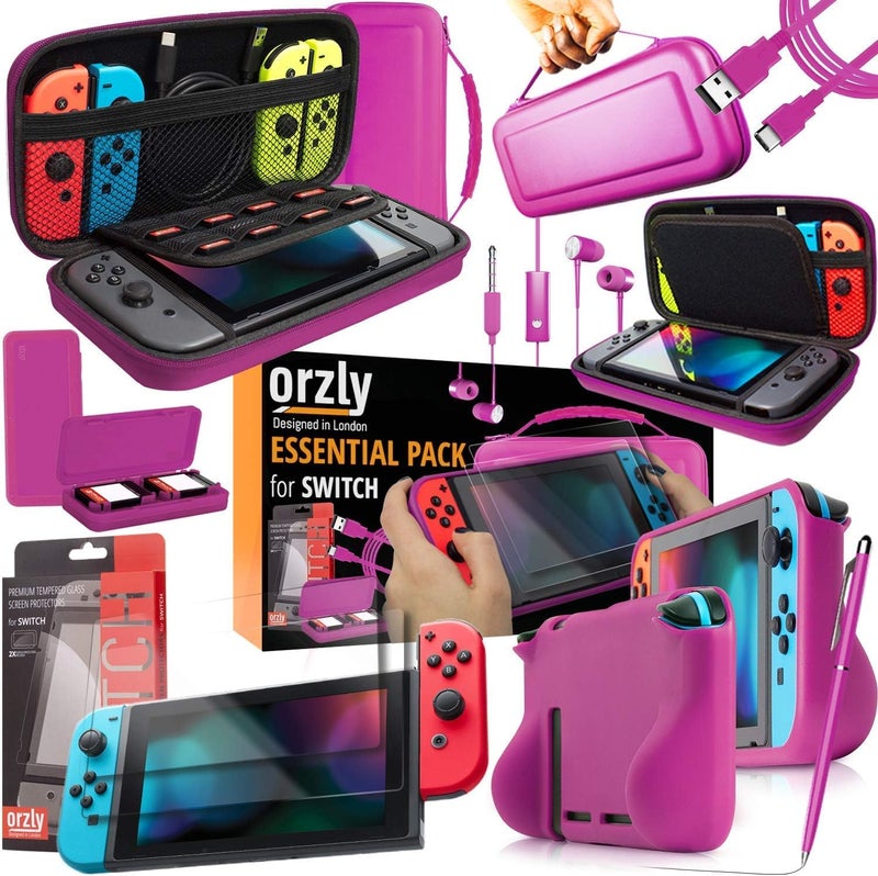 Orzly Switch Accessories Bundle Carry Case for Nintendo Switch Console Tempered Glass Screen Protectors USB Charging Cable Switch Games Case Comfort Grip Case Headphones PINK - Image 2