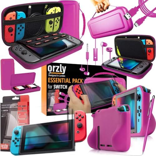Orzly Switch Accessories Bundle Carry Case for Nintendo Switch Console Tempered Glass Screen Protectors USB Charging Cable Switch Games Case Comfort Grip Case Headphones PINK - Image 1