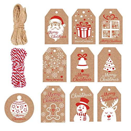 WesGen 100 Pack Brown Kraft Paper Christmas Gift Tags， Xmas Brown Kraft Gift Tags with Jute Twine Baker Twine for DIY Xmas Holiday Present Wrap Stamp and Label Package Name Card - Image 1