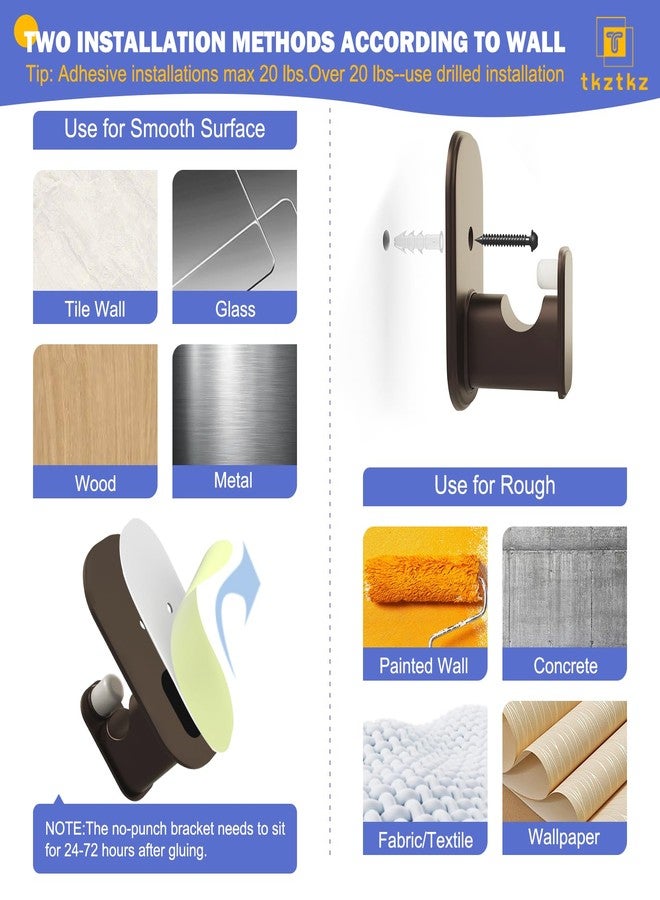 TKZTKZ Curtain Rods No Drilling for Windows 32 to 45 Inch:No Drill Small Bronze Curtain Rod with Adhesive Brackets for Bedroom,5/8" Apartment Renter Friendly Adjustable Drapery Rods Easy Install - Image 2