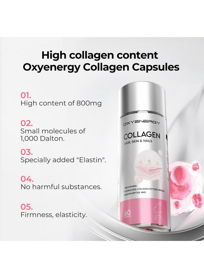 OxyEnergy Collagen Peptides Capsules for Women, 800mg Hydrolyzed Collagen(Types I) Supplements with Elastin Peptides, 60 Collagen Pills to Promotes Hair, Nail, Skin, Colágeno en Capsulas - Image 2