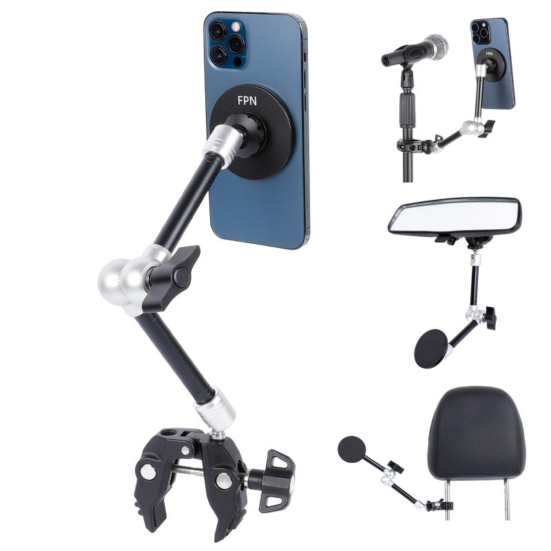FPN All-Metal Magnetic Phone Holder with Super Clamp&10â€³ Long Arm for Magsafe, Adjustable Rear View Mirror Phone Holder Mount for Car/Truck/Handlebar, Compatible with iPhone 16 15 14 13 12 Series - Image 1