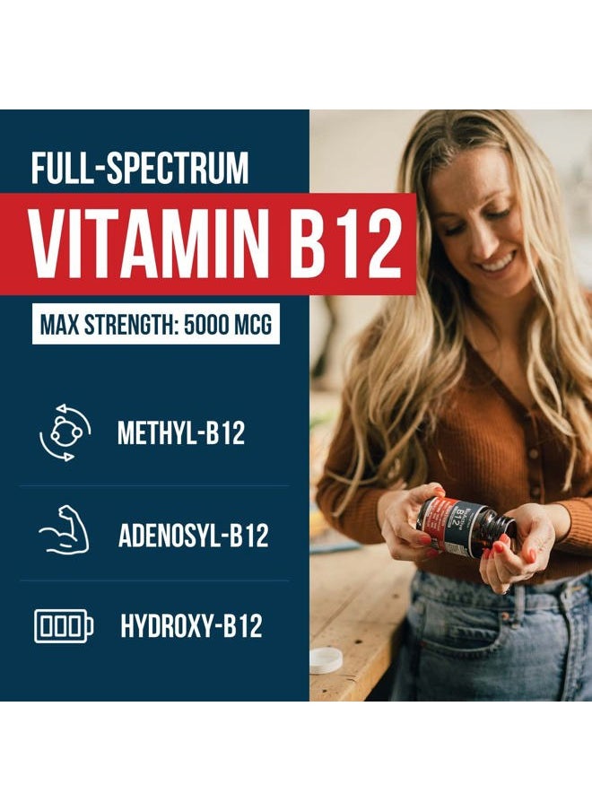 BioActive Vitamin B12 - 5000 mcg, Contains 3 BioActive B12 Forms Plus Methylfolate Cofactor - Methyl B12, Adenosyl B12 & Hydroxy B12 | Supports Energy, Metabolism & Mood | Vegan, Non-GMO (60 Servings)