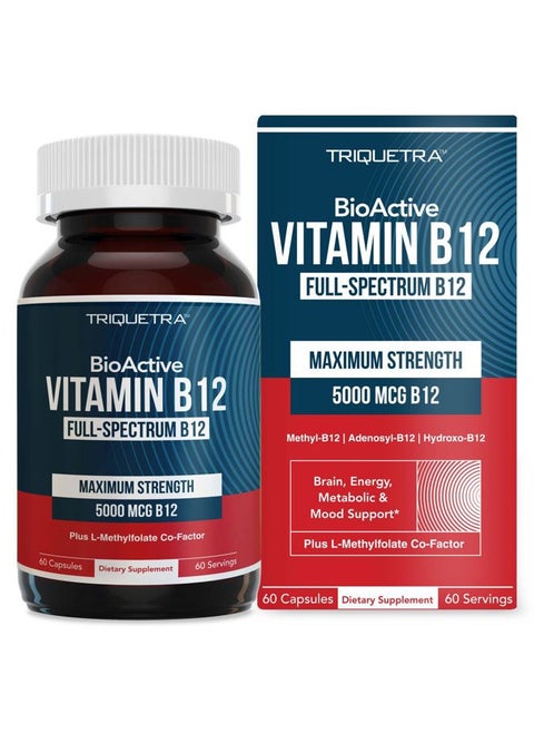 BioActive Vitamin B12 - 5000 mcg, Contains 3 BioActive B12 Forms Plus Methylfolate Cofactor - Methyl B12, Adenosyl B12 & Hydroxy B12 | Supports Energy, Metabolism & Mood | Vegan, Non-GMO (60 Servings)