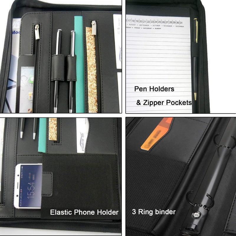 Freeprint Portfolio 3-Ring Binder Organizer with Handle Zippered Padfolio Writing Pad Legal Size Notebook Business Folder Resume Interview for Men Women, Black - Image 4