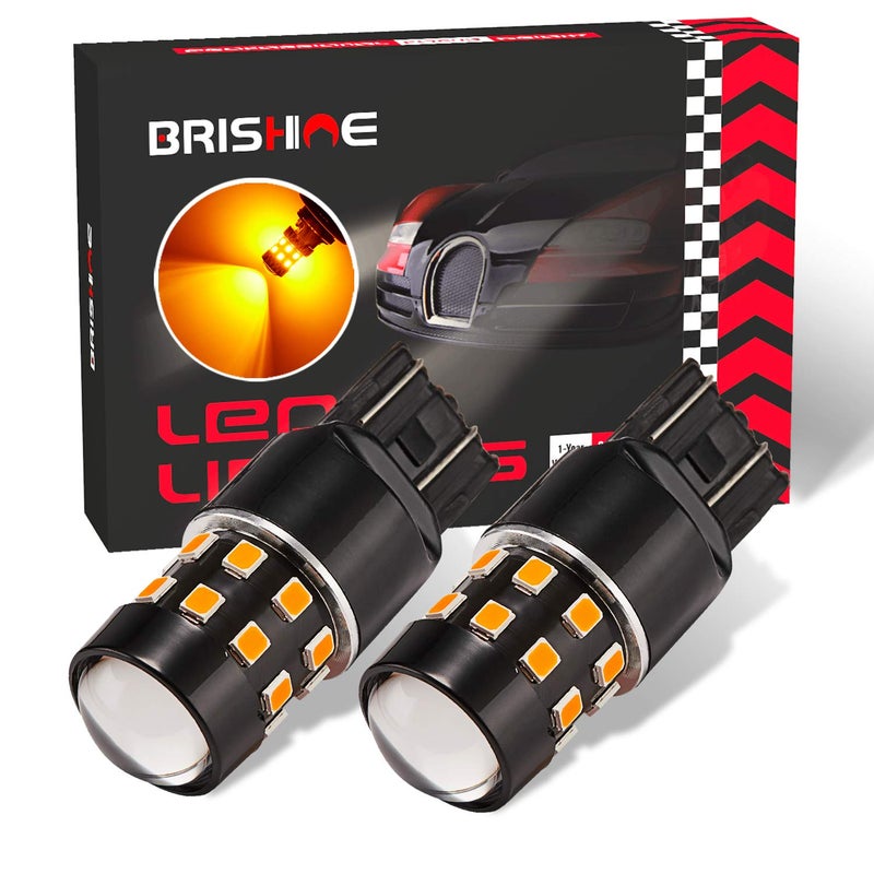 BRISHINE Super Bright 7443 7440 992 T20 7444NA LED Bulbs Amber Yellow 930V NonPolarity 24SMD LED Chipsets with Projector for Turn Signal Lights Side Marker LightsPack of 2