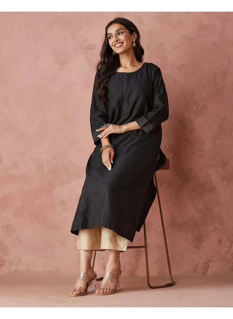 Fabindia Black Cotton Silk Blend Regular Fit Long Kurta