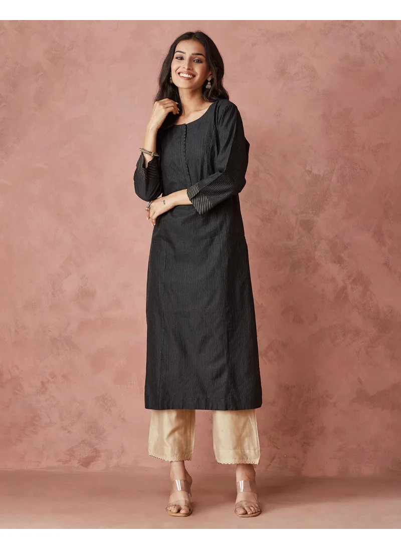 Fabindia Black Cotton Silk Blend Regular Fit Long Kurta