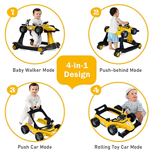 BABY JOY 4-in-1 Baby Walker, Foldable Activity Walker with Adjustable Height & Speed, Music, Lights, Anti-Rollover, Toddler Push Walker, Baby Walker with Wheels for Boys Girls 6-18 Months (Yellow) - Image 2