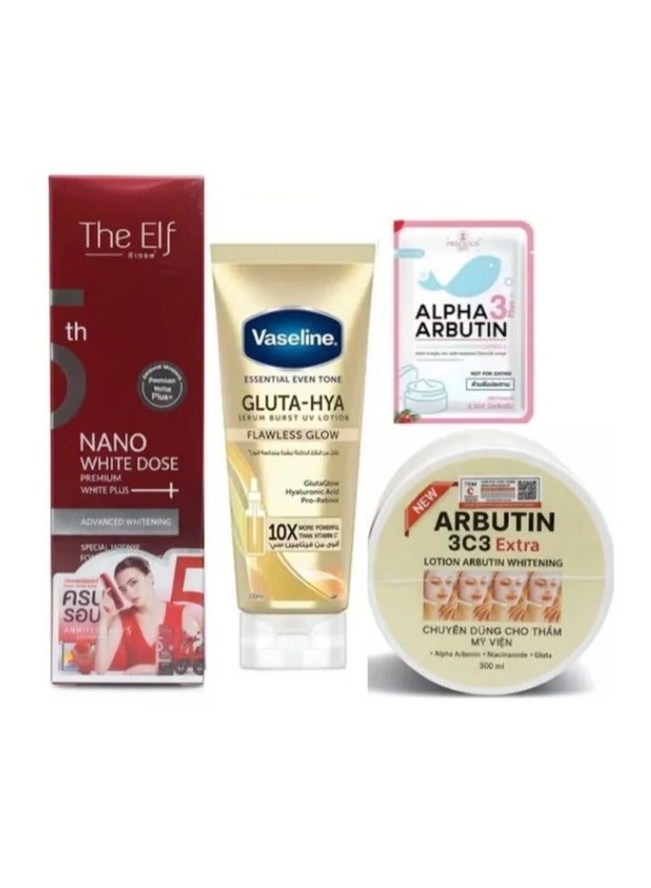 مجموعة تبييض البشرة من ذا إلف، سيروم نانو وايت دوز، جلوتا هيا، توهج لا تشوبه شائبة، كبسولات ألفا أربوتين، لوشن أربوتين 3c3 إضافي لتبييض البشرة، 300 مل