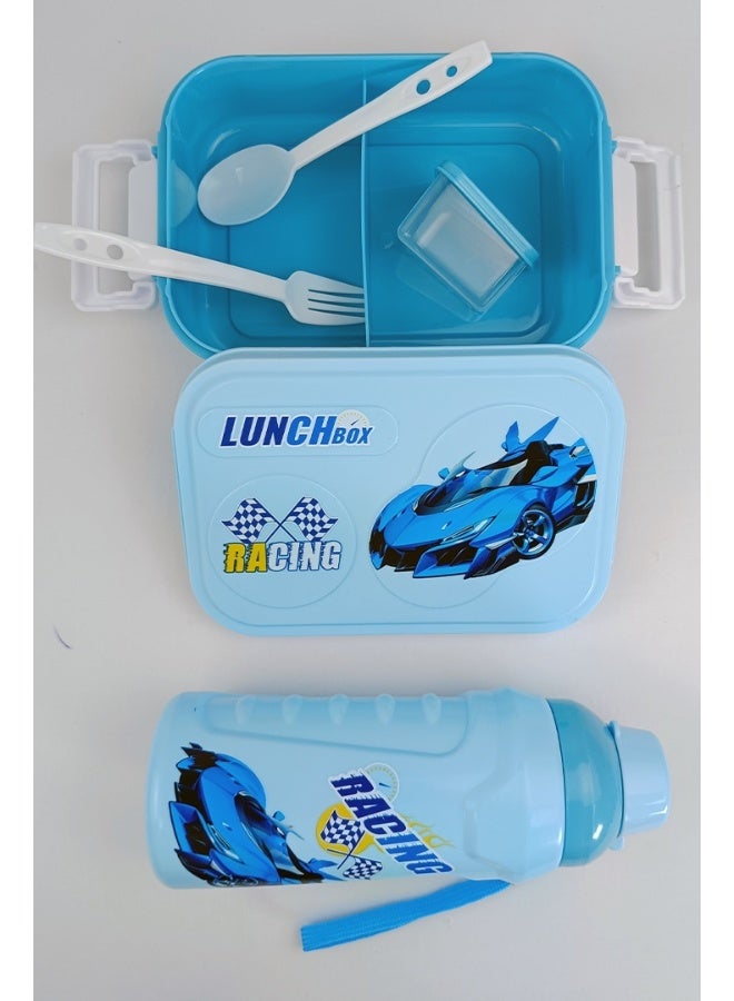 توشيونيكس مجموعة صندوق غداء بينتو بلاستيكي محمول بسعة 1 لتر بتصميم سيارة سباق، وكوب ماء، وملعقة وشوكة، وحاوية صلصة مع حجرتين، صندوق طعام خفيف الوزن وخالٍ من مادة BPA للأطفال - مثالي للاستخدام في المنزل والسفر ودور الحضانة ومرحلة ما قبل المدرسة وصندوق الغداء للمدرسة - 17 × 12 × 5 سم - Image 2