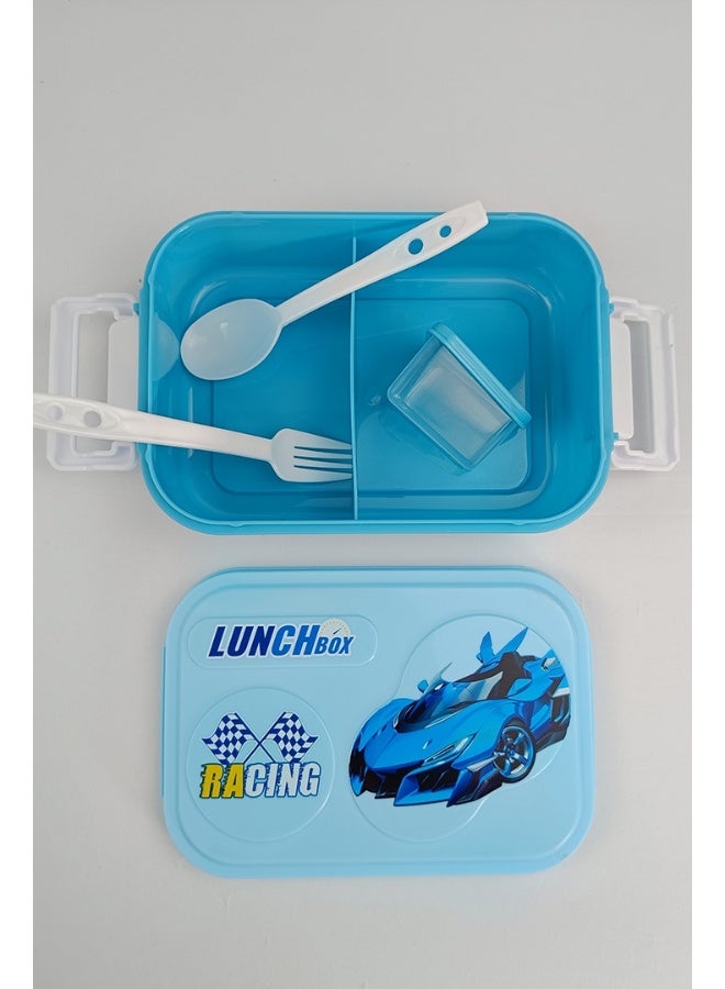 توشيونيكس مجموعة صندوق غداء بينتو بلاستيكي محمول بسعة 1 لتر بتصميم سيارة سباق، وكوب ماء، وملعقة وشوكة، وحاوية صلصة مع حجرتين، صندوق طعام خفيف الوزن وخالٍ من مادة BPA للأطفال - مثالي للاستخدام في المنزل والسفر ودور الحضانة ومرحلة ما قبل المدرسة وصندوق الغداء للمدرسة - 17 × 12 × 5 سم - Image 4