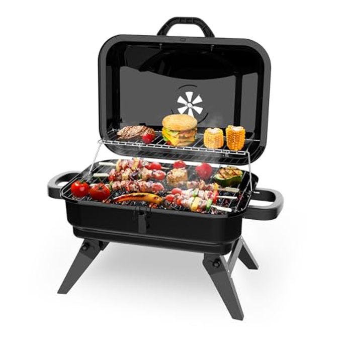 BBQCuker Portable Charcoal Grill with Warming Rack, Small Tabletop Barbecue Grill, Foldable Legs, Adjustable Vent, Total 343 Sq. In.Cooking Space, Outdoor BBQ Grill for Camping and Picnics (Black)