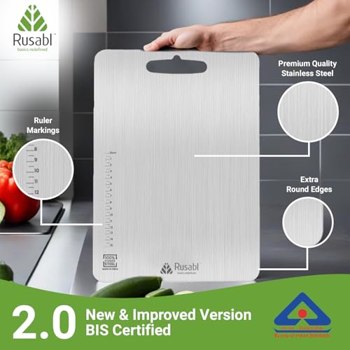 Rusabl Premium Food Grade Stainless Steel Chopping Board for Kitchen (Rectangular, 31 x 21 cm, Medium), BIS Certified, Anti-Rust, Non-Slip Cutting Board for Slicing Fruits, Vegetables, Kneading Board - Image 3