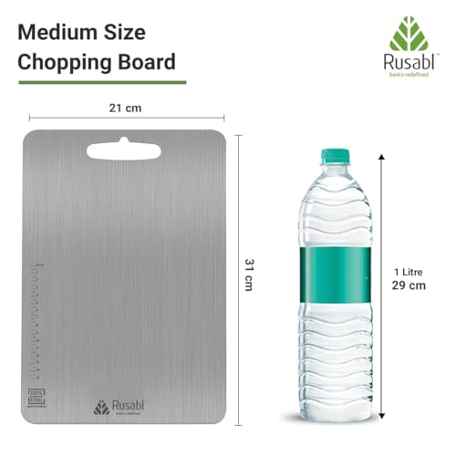 Rusabl Premium Food Grade Stainless Steel Chopping Board for Kitchen (Rectangular, 31 x 21 cm, Medium), BIS Certified, Anti-Rust, Non-Slip Cutting Board for Slicing Fruits, Vegetables, Kneading Board - Image 4