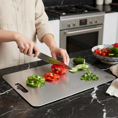 Rusabl Premium Food Grade Stainless Steel Chopping Board for Kitchen (Rectangular, 31 x 21 cm, Medium), BIS Certified, Anti-Rust, Non-Slip Cutting Board for Slicing Fruits, Vegetables, Kneading Board - Image 1