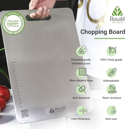 Rusabl Premium Food Grade Stainless Steel Chopping Board for Kitchen (Rectangular, 31 x 21 cm, Medium), BIS Certified, Anti-Rust, Non-Slip Cutting Board for Slicing Fruits, Vegetables, Kneading Board - Image 2