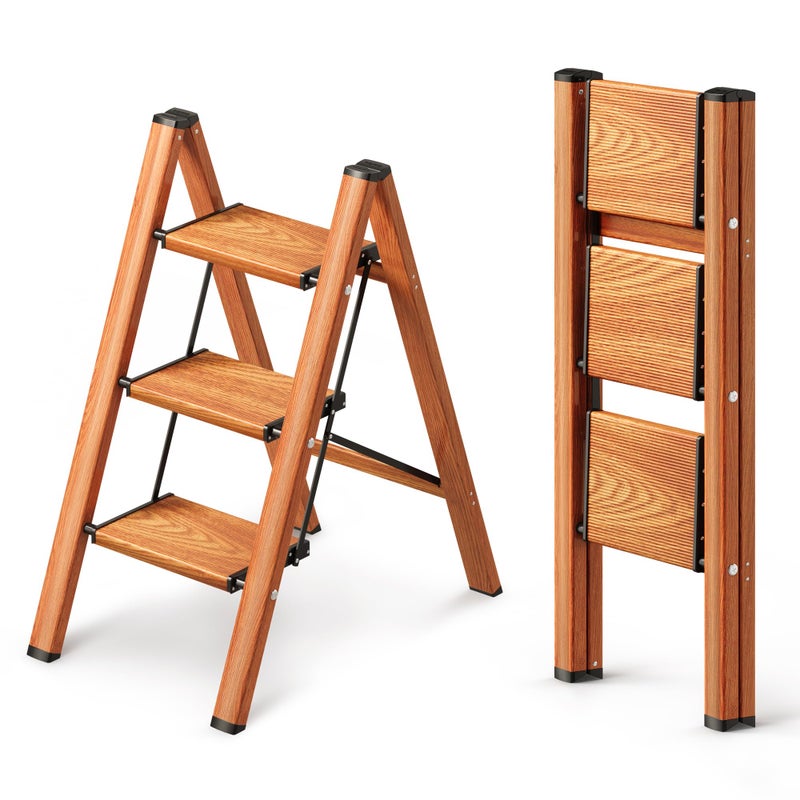 GameGem 3 Step Ladder, Folding Step Stool with Anti-Slip Wide Pedal, Aluminum Material Lightweight Yet Sturdy, 300 Lbs Load, Cute Modern Apperance for Indoor Household Spaces - Image 1