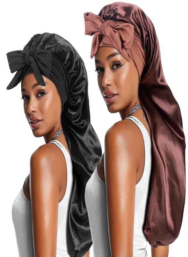 Heniho 2pcs Long Satin Bonnets with Tie Band, Large Braid Bonnet Silky Hair Cap for Locs Women Sleeping, E - Image 1