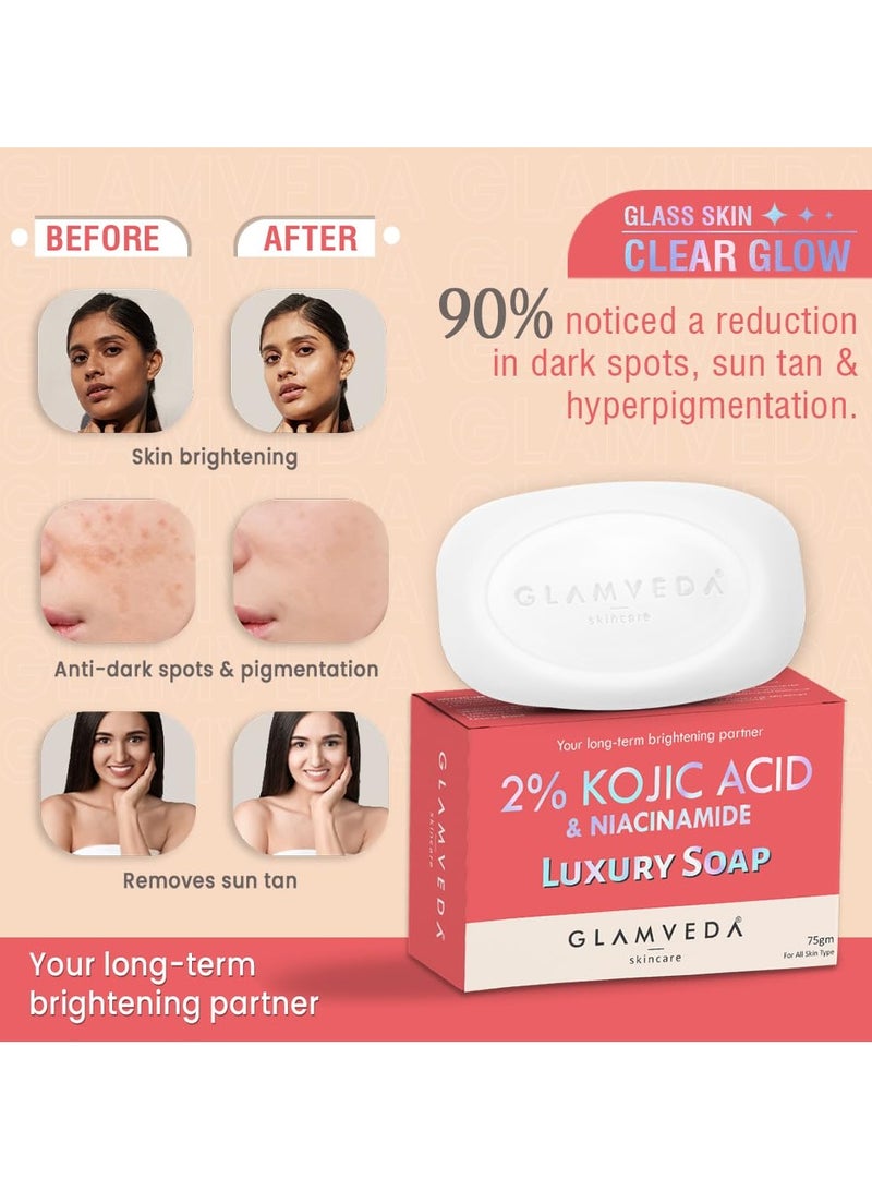Glamveda 2 percent kojic acid skin lightening soap with niacinamide for dark spots pigmentation sun tanning glass skin clear glow all skin types 75gm - Image 3