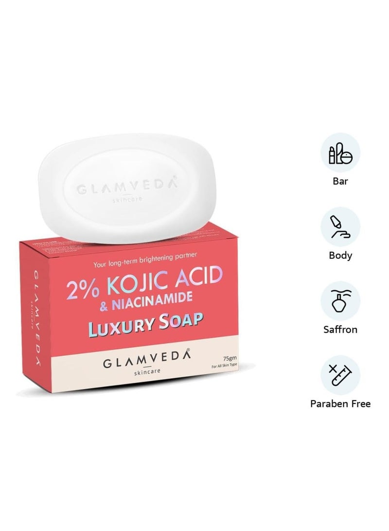 Glamveda 2 percent kojic acid skin lightening soap with niacinamide for dark spots pigmentation sun tanning glass skin clear glow all skin types 75gm - Image 2