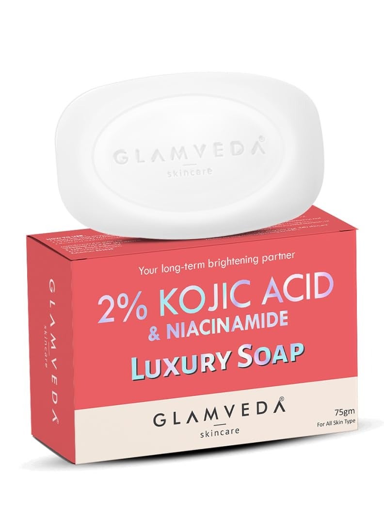 Glamveda 2 percent kojic acid skin lightening soap with niacinamide for dark spots pigmentation sun tanning glass skin clear glow all skin types 75gm - Image 1